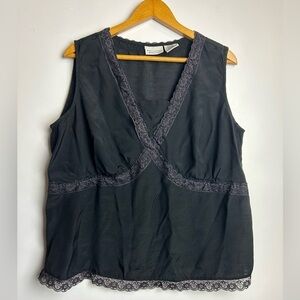VTG Y2K White Stag 16W Babydoll Top Blouse Women Black Sleeveless LaceTrim goth